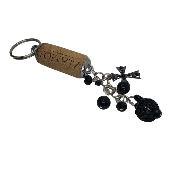 Hand-Crafted Black Beaded Cross Charm Wine Cork PURSE/Backpack Keychain Jewelry - Picture 1 of 16